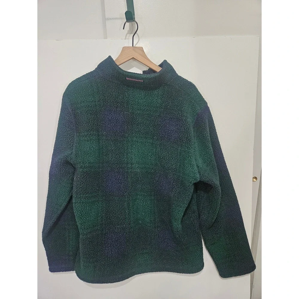 Vineyard Vines Mens Green Navy Buffalo Check Sherpa Fleece Quarter Zi Pullover L